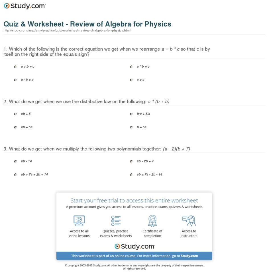 Quiz  Worksheet  Review Of Algebra For Physics  Study