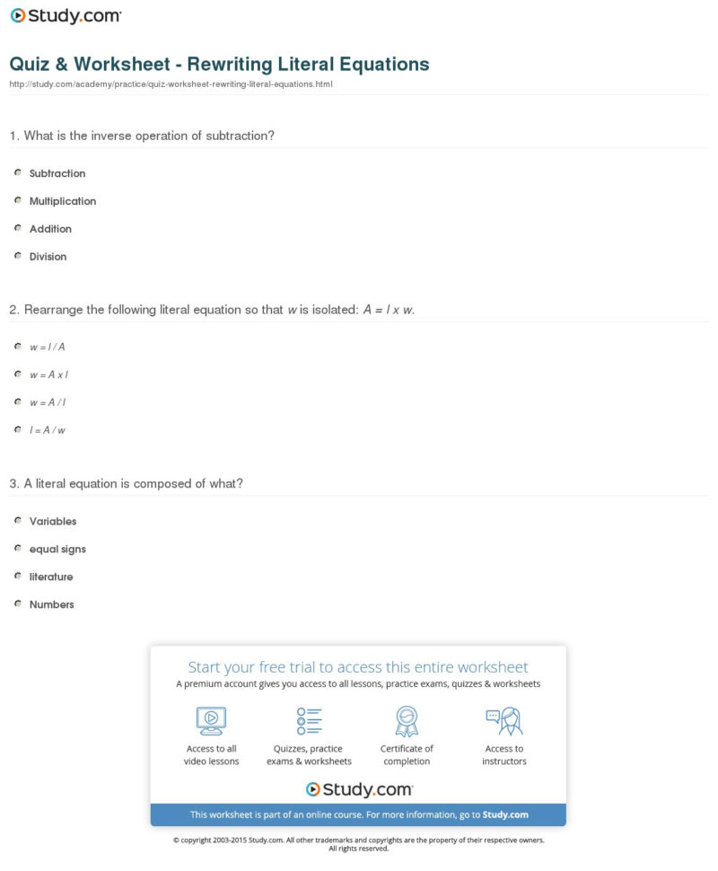 Quiz  Worksheet  Rewriting Literal Equations  Study