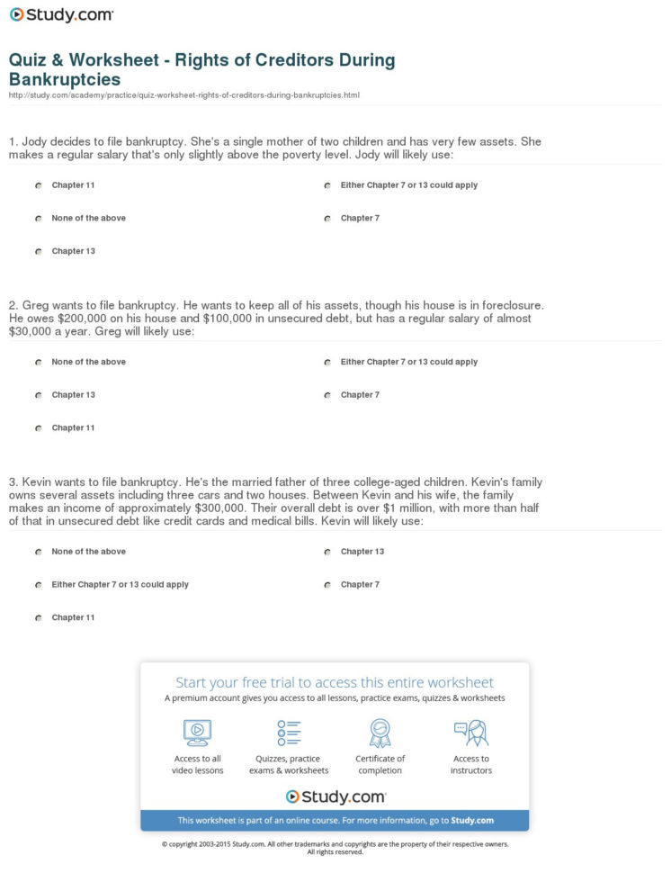Quiz  Worksheet  Rights Of Creditors During Bankruptcies