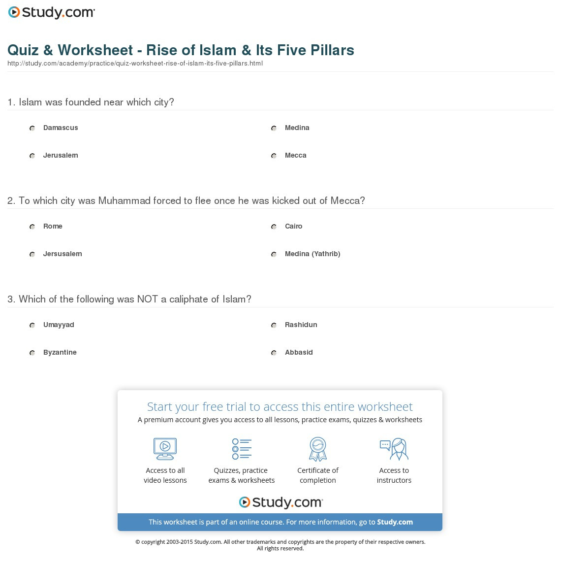Quiz  Worksheet  Rise Of Islam  Its Five Pillars  Study