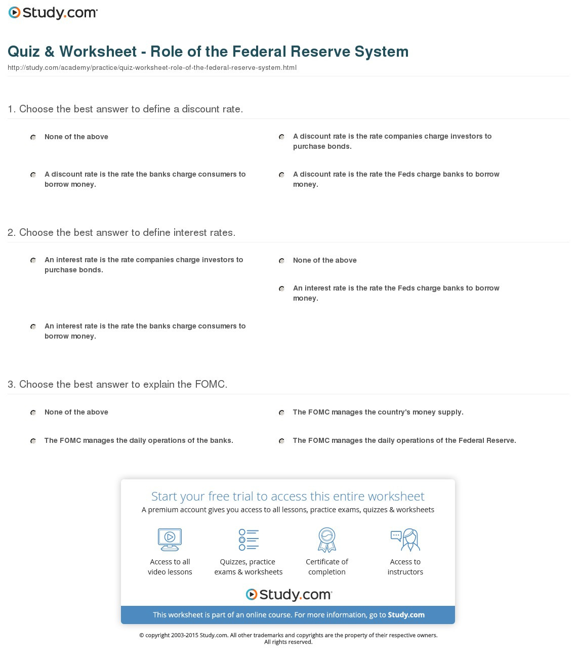 Quiz  Worksheet  Role Of The Federal Reserve System