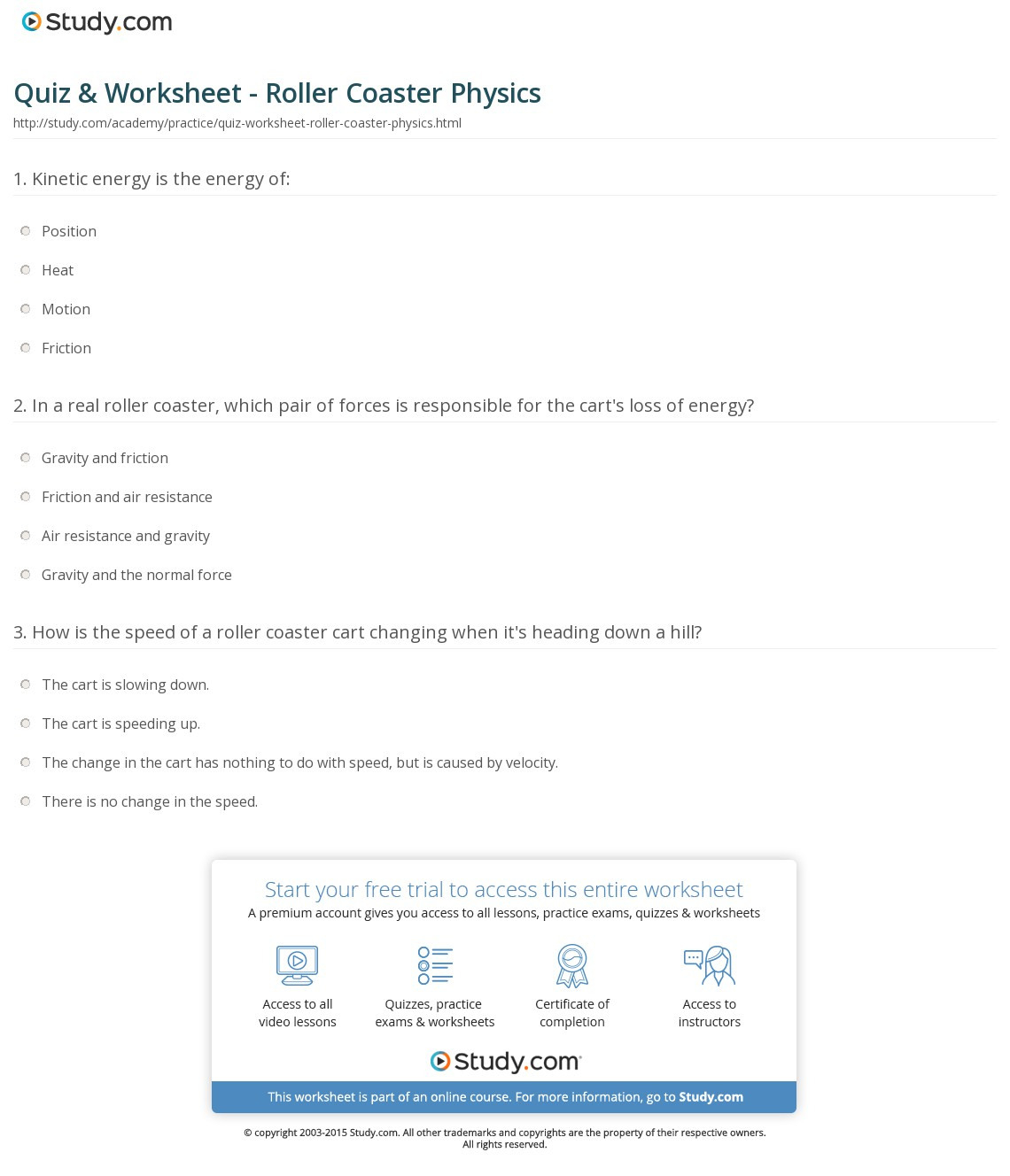 Quiz  Worksheet  Roller Coaster Physics  Study
