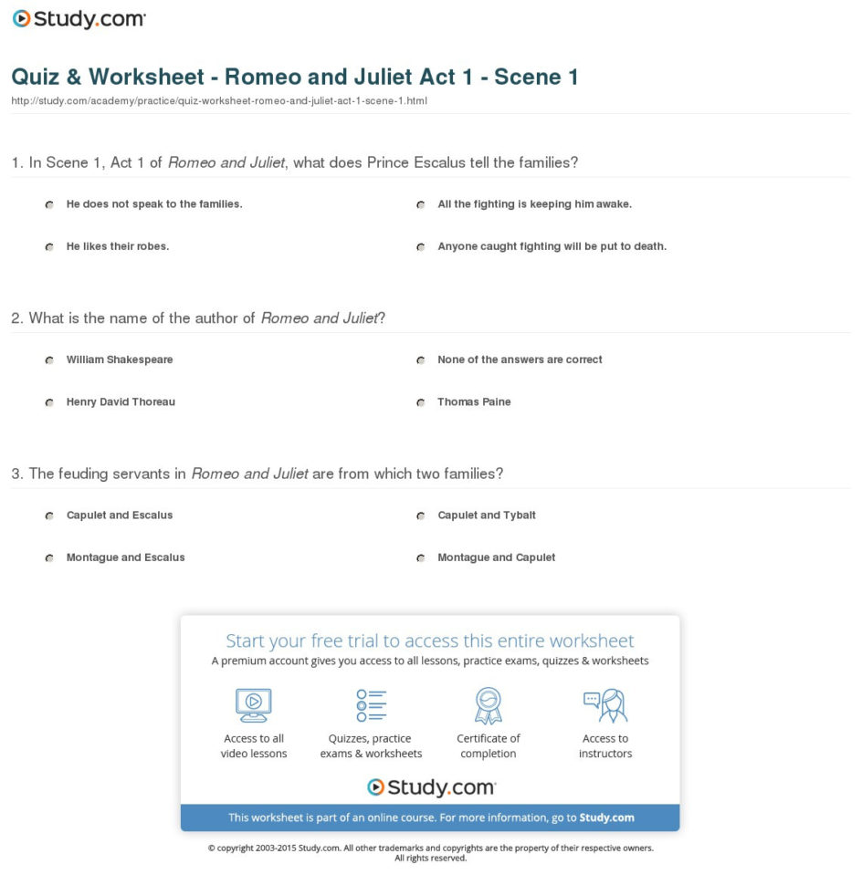 Quiz  Worksheet  Romeo And Juliet Act 1  Scene 1  Study