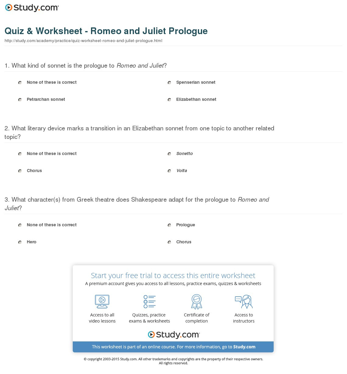 Quiz  Worksheet  Romeo And Juliet Prologue  Study