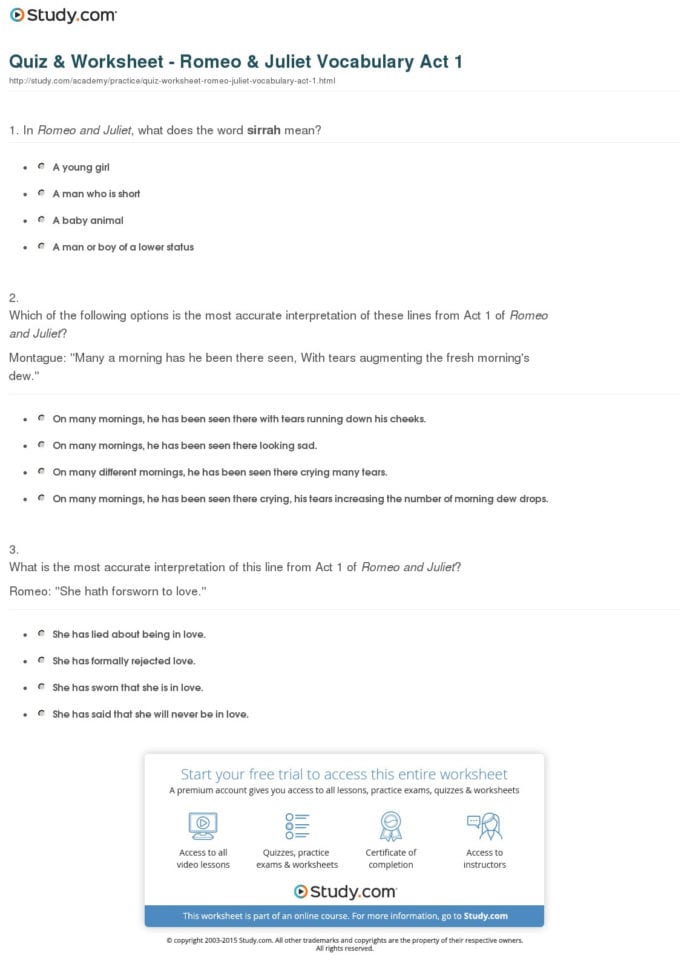 Quiz  Worksheet  Romeo  Juliet Vocabulary Act 1  Study
