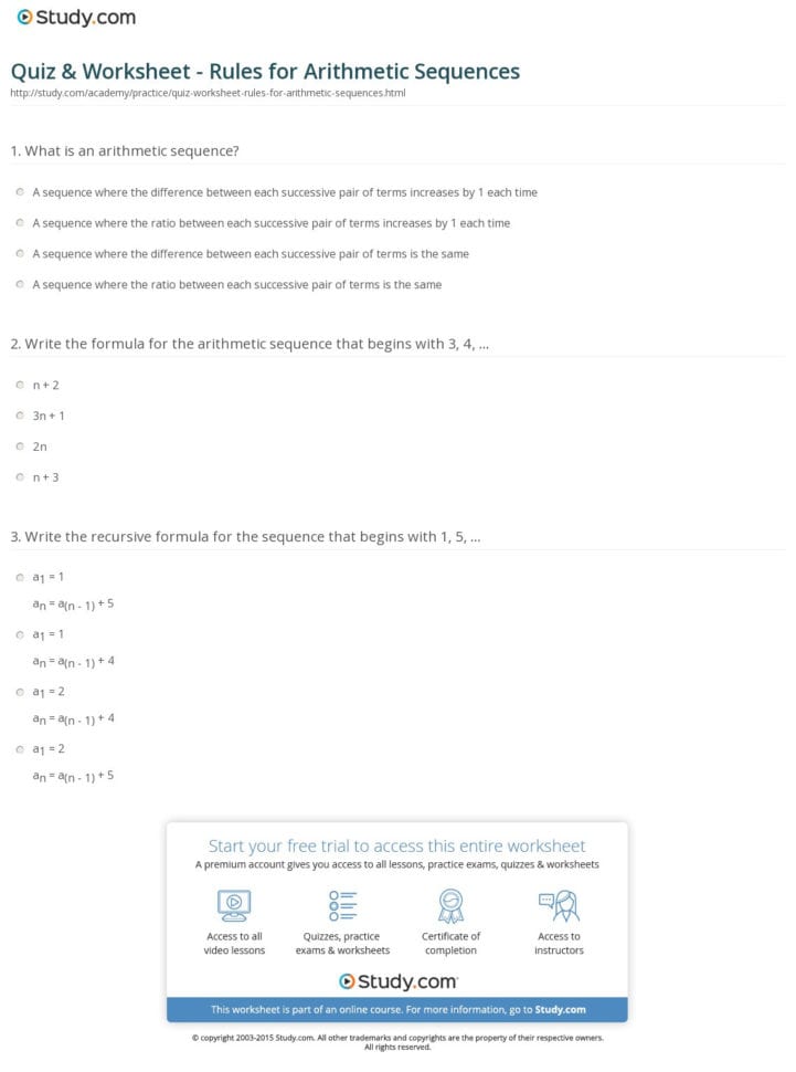 Quiz  Worksheet  Rules For Arithmetic Sequences  Study