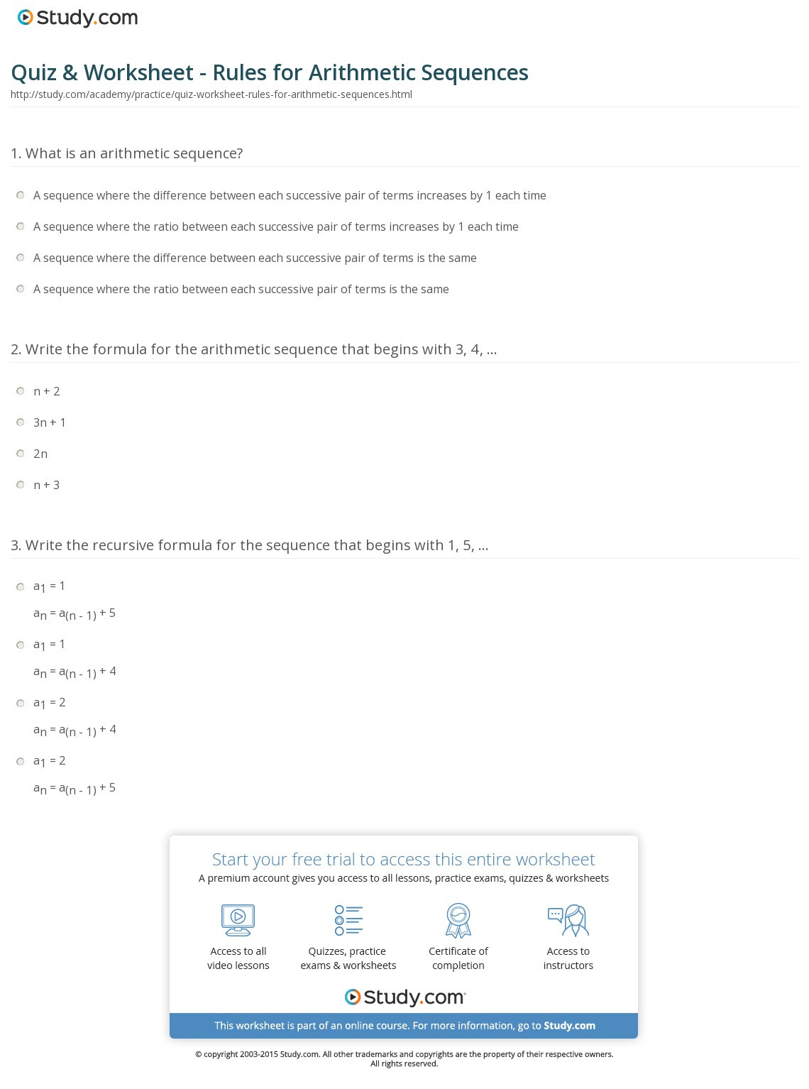 Quiz  Worksheet  Rules For Arithmetic Sequences  Study