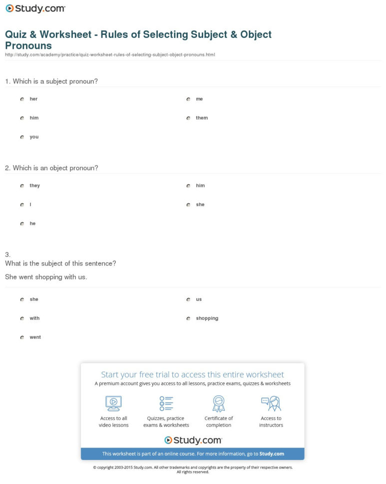 Quiz  Worksheet  Rules Of Selecting Subject  Object