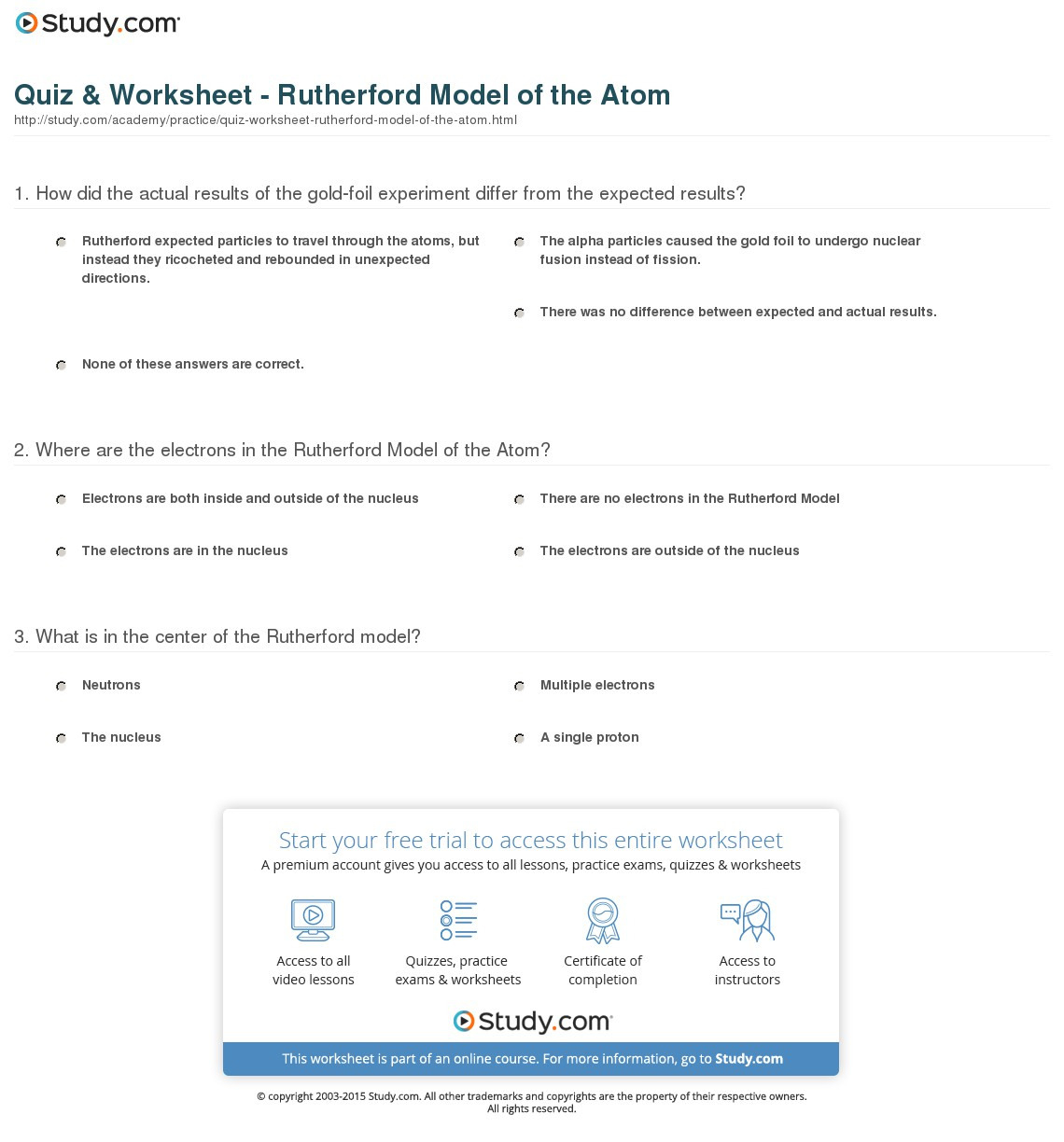 Quiz  Worksheet  Rutherford Model Of The Atom  Study