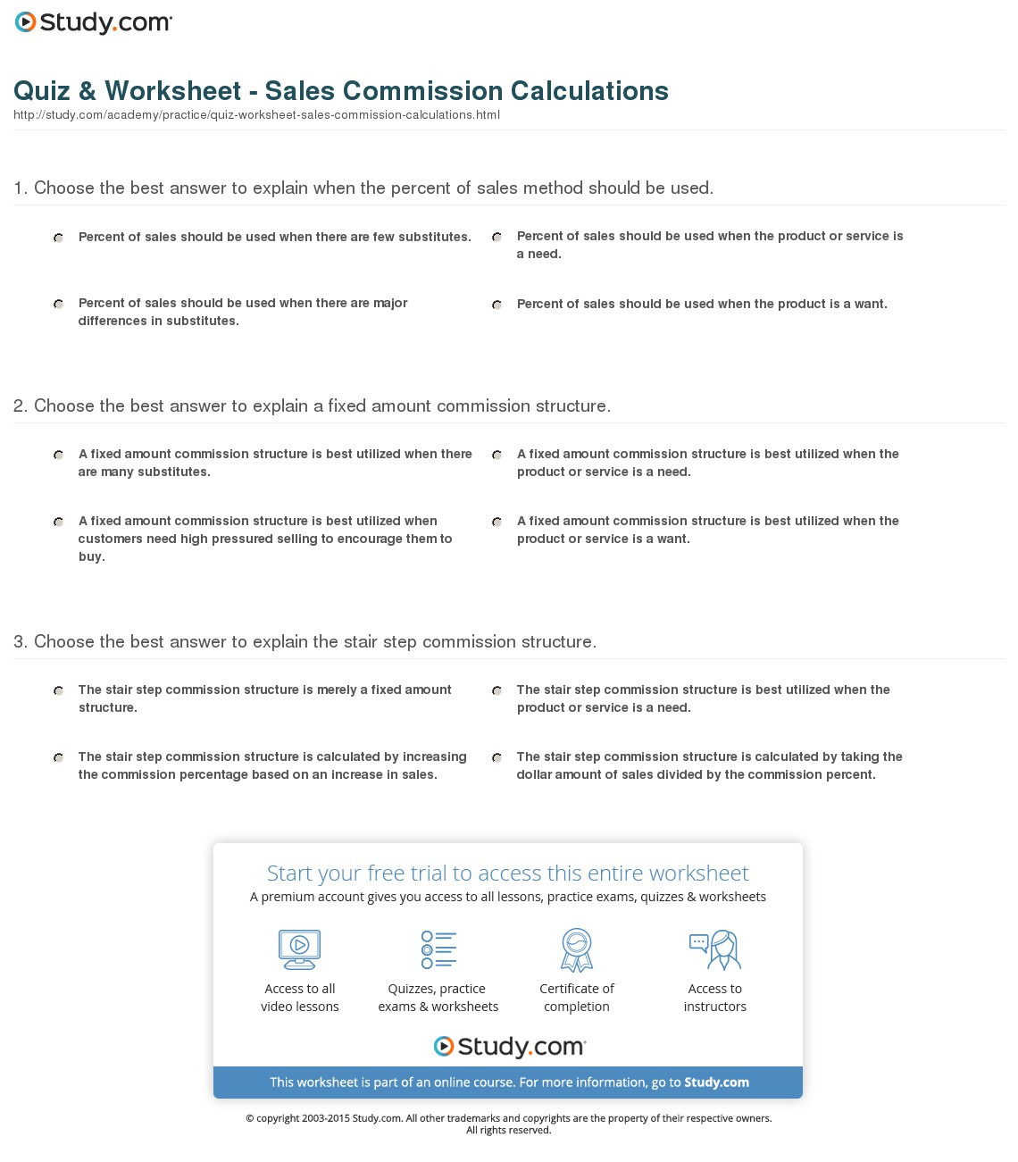 Quiz  Worksheet  Sales Commission Calculations  Study