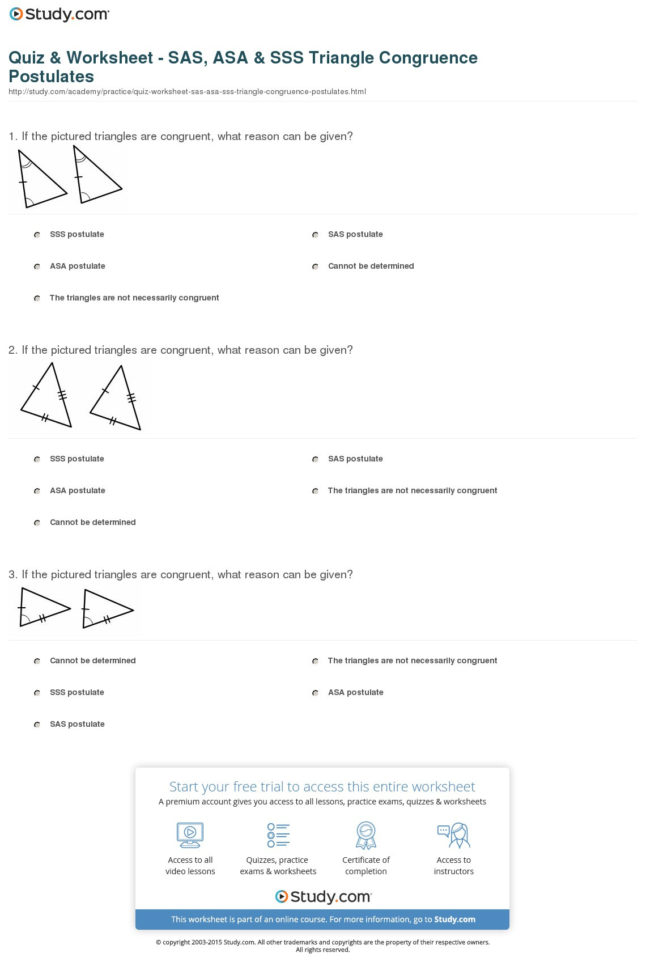 Quiz  Worksheet  Sas Asa  Sss Triangle Congruence