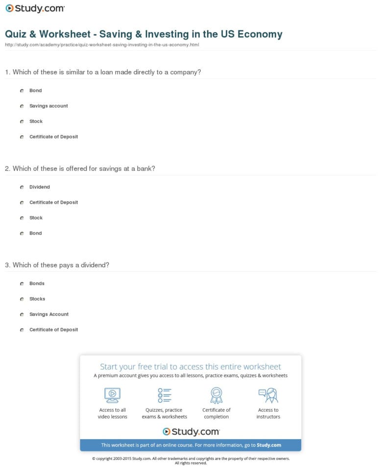 Quiz  Worksheet  Saving  Investing In The Us Economy