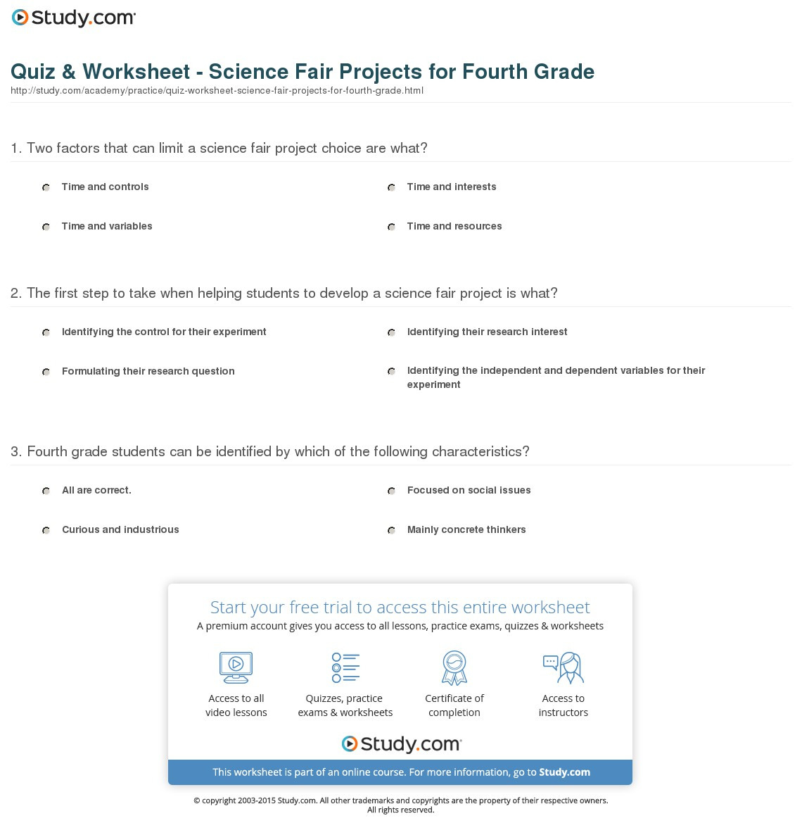 Quiz  Worksheet  Science Fair Projects For Fourth Grade  Study