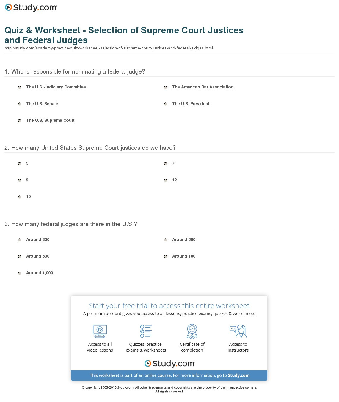 Quiz  Worksheet  Selection Of Supreme Court Justices And