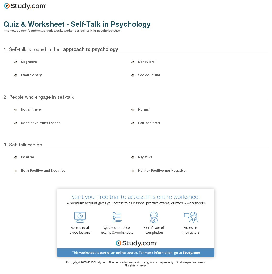 Quiz  Worksheet  Selftalk In Psychology  Study