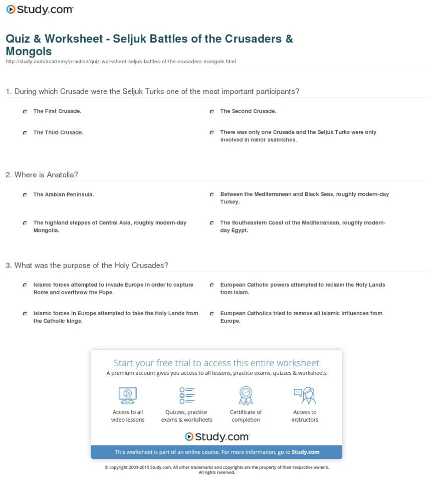 Quiz  Worksheet  Seljuk Battles Of The Crusaders  Mongols