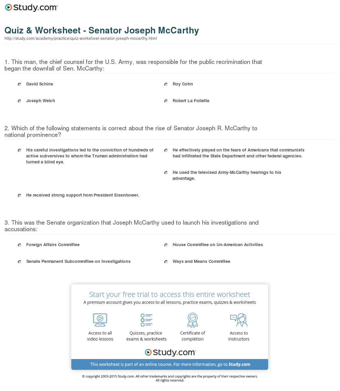 Quiz  Worksheet  Senator Joseph Mccarthy  Study