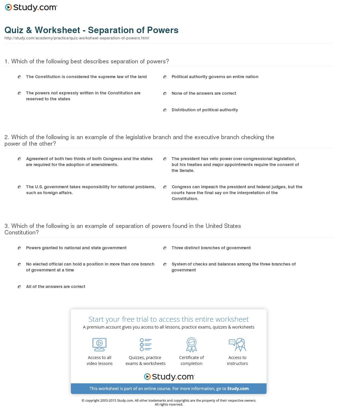 Quiz  Worksheet  Separation Of Powers  Study