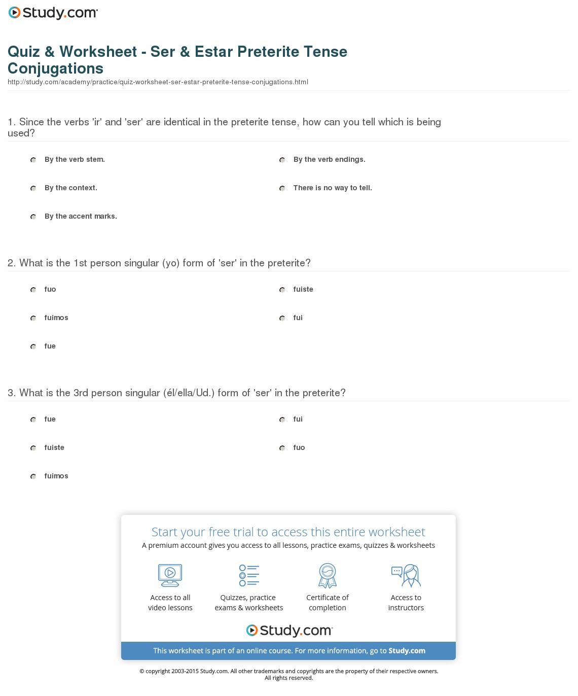 Quiz  Worksheet  Ser  Estar Preterite Tense Conjugations