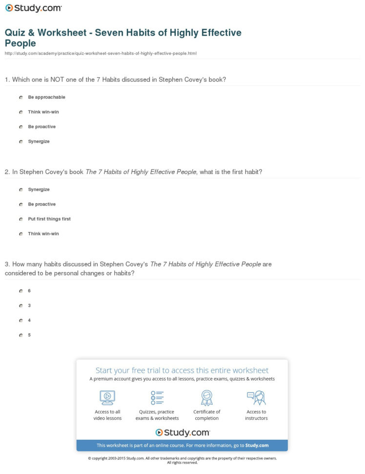 Quiz  Worksheet  Seven Habits Of Highly Effective People