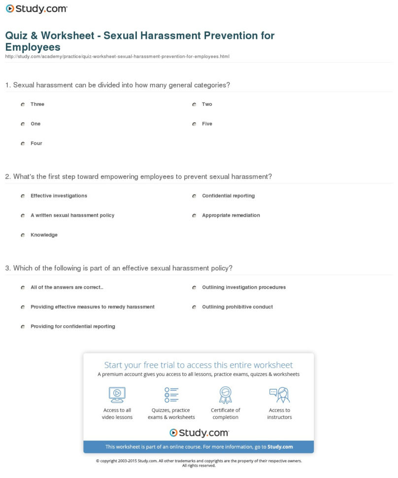 Quiz  Worksheet  Sexual Harassment Prevention For