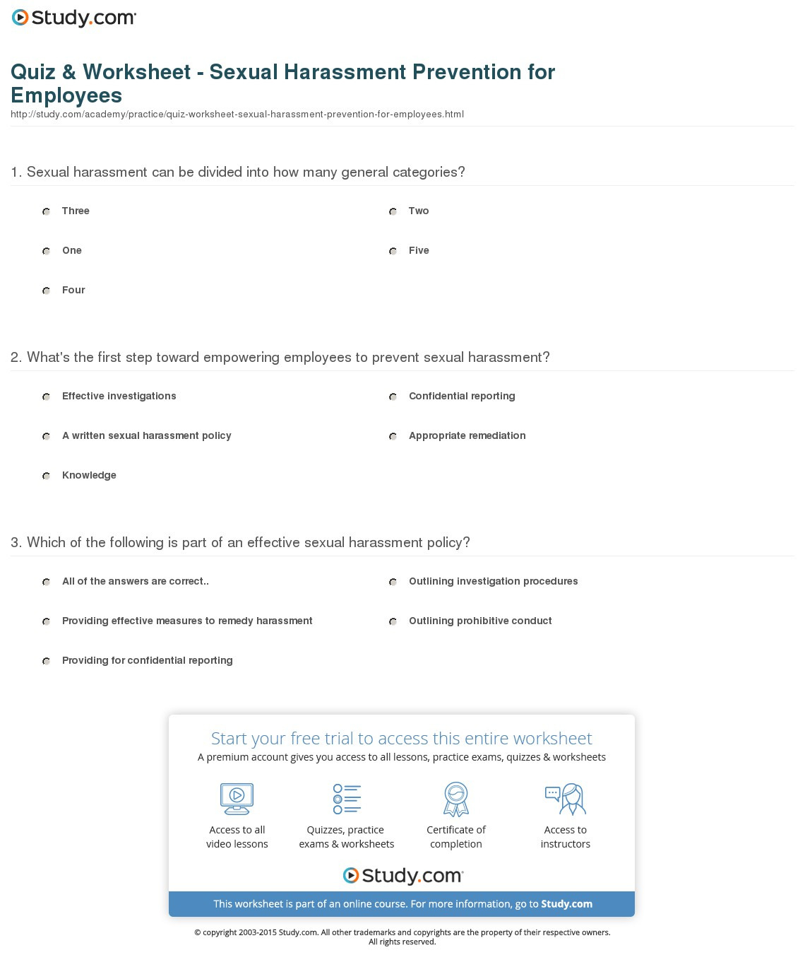 Quiz Worksheet Sexual Harassment Prevention For — Db