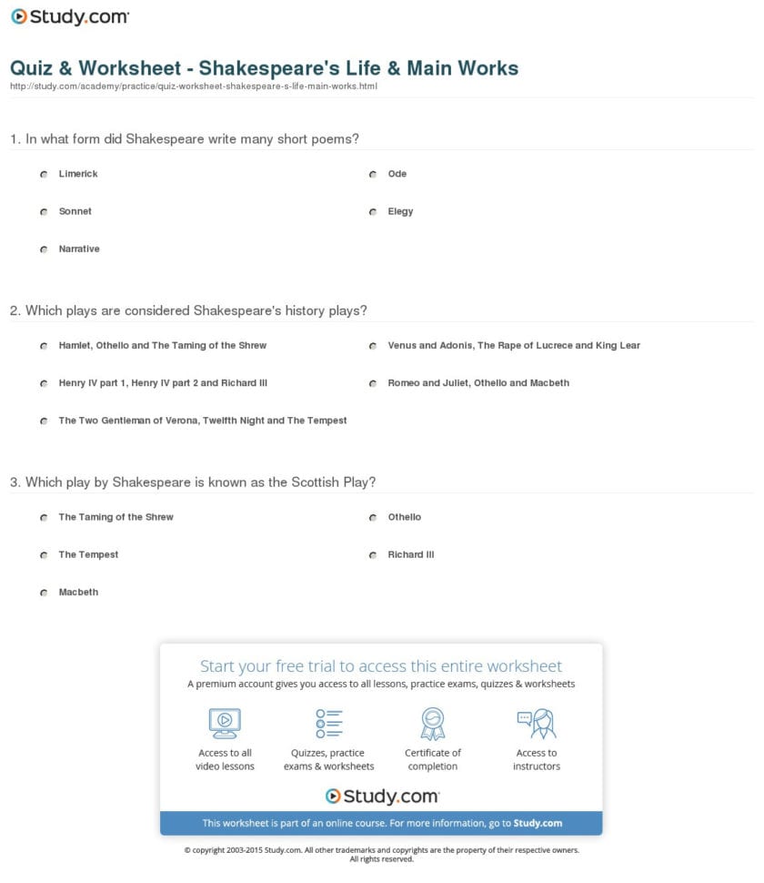Quiz  Worksheet  Shakespeare's Life  Main Works  Study