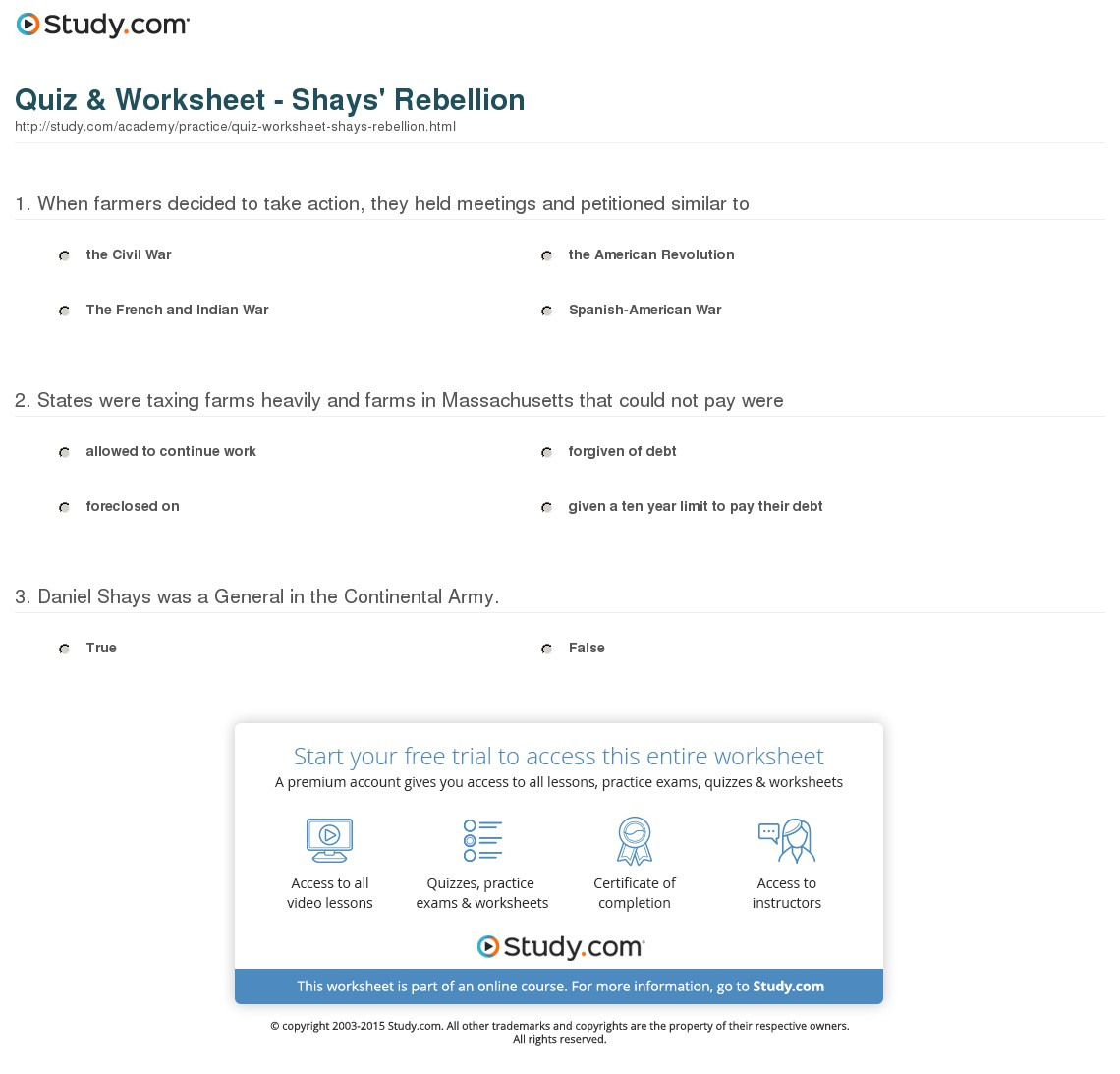 Quiz  Worksheet  Shays' Rebellion  Study