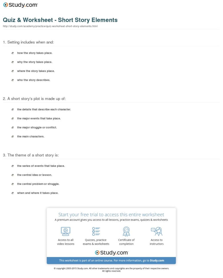 Quiz  Worksheet  Short Story Elements  Study
