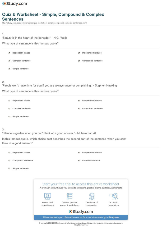 Quiz  Worksheet  Simple Compound  Complex Sentences