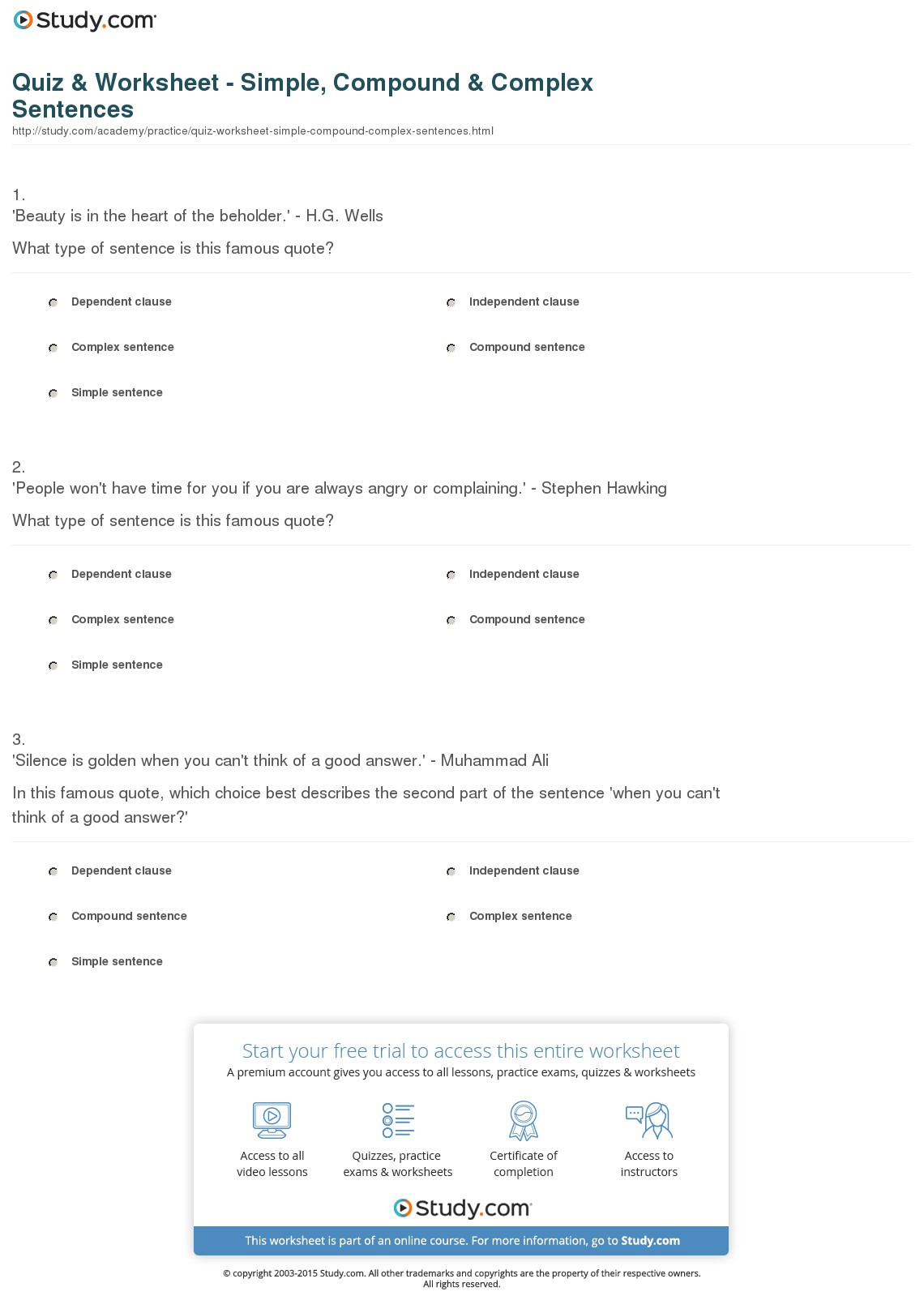 Quiz  Worksheet  Simple Compound  Complex Sentences