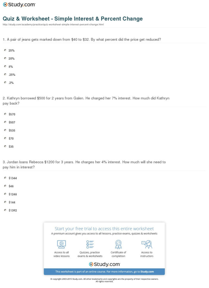 Quiz  Worksheet  Simple Interest  Percent Change  Study