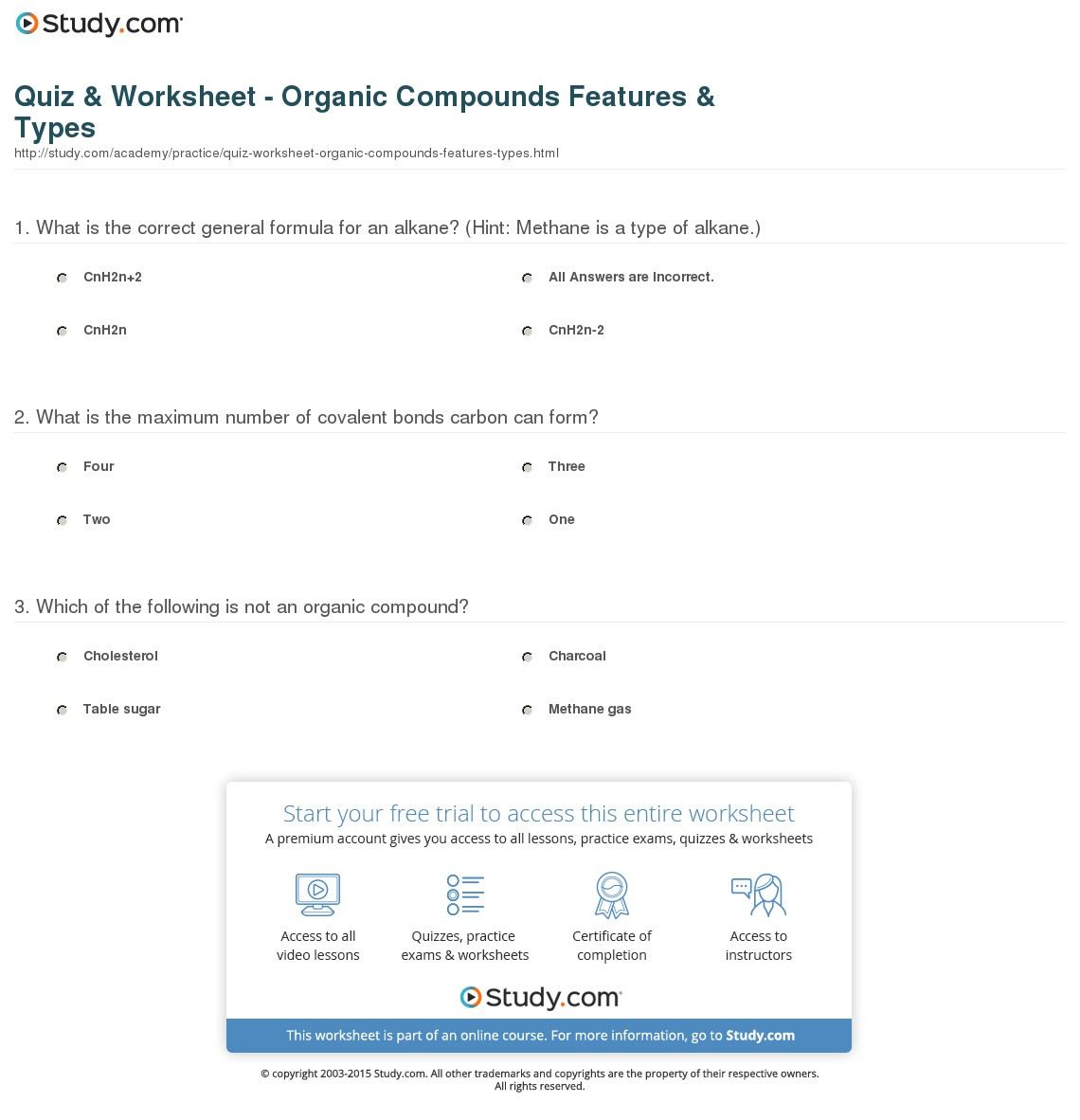 Quiz  Worksheet  Simple Organic Compounds Features  Types