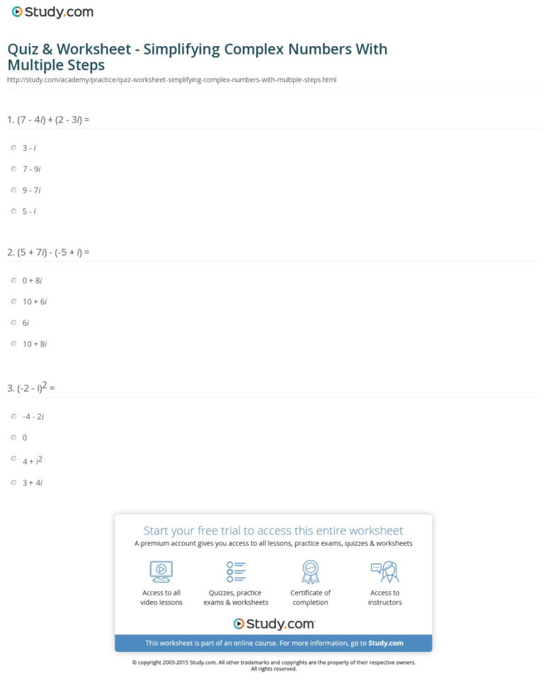 Quiz  Worksheet  Simplifying Complex Numbers With Multiple