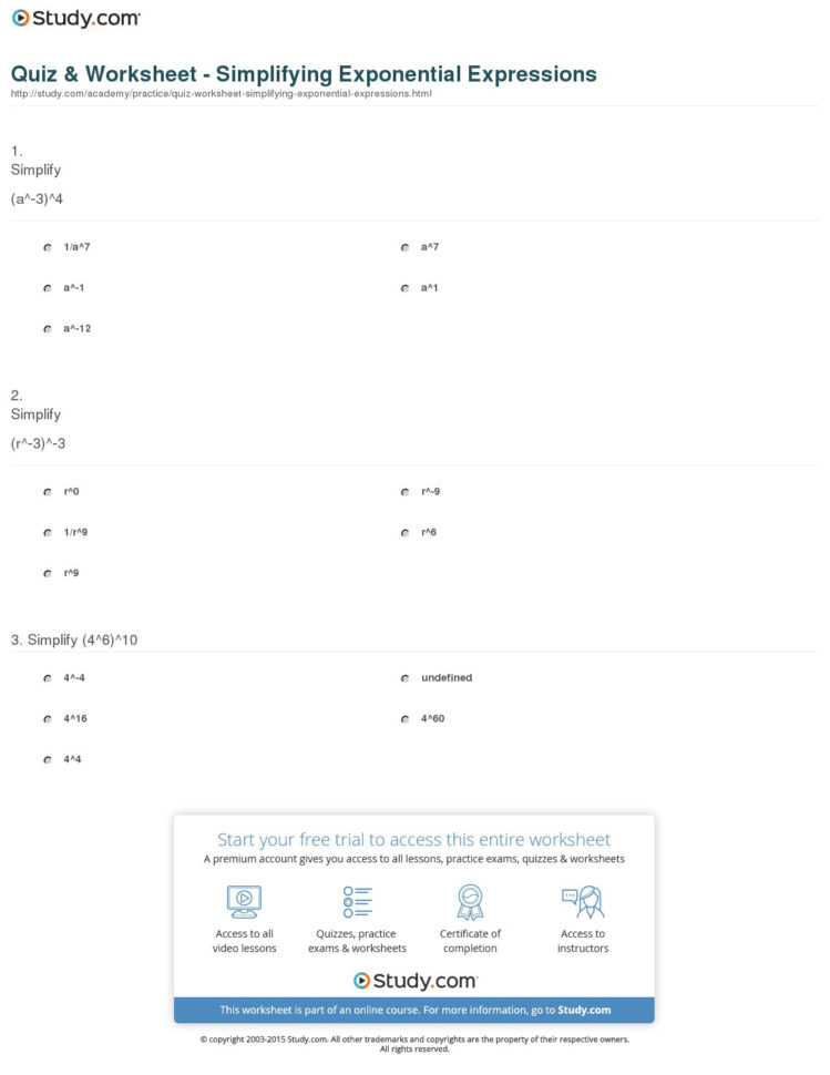 Quiz  Worksheet  Simplifying Exponential Expressions  Study