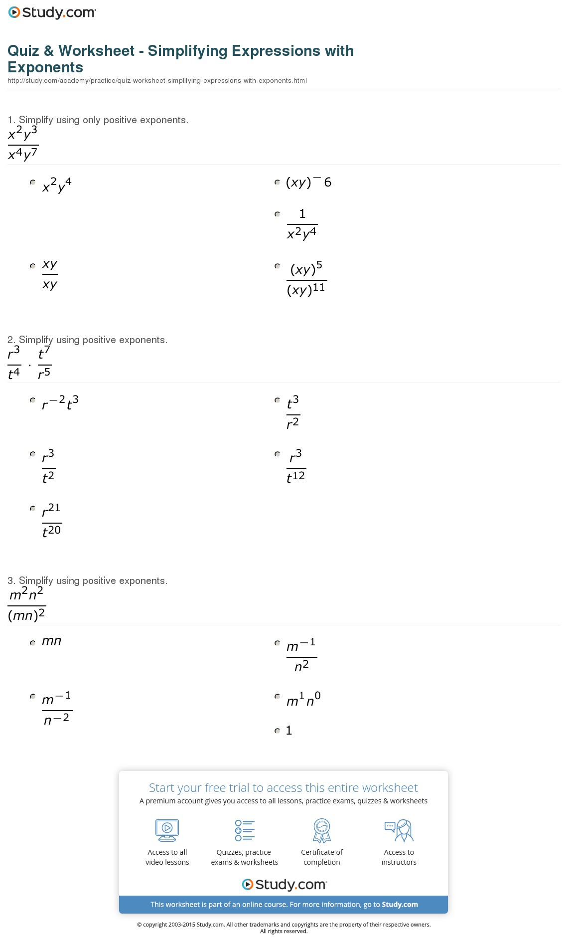 Quiz  Worksheet  Simplifying Expressions With Exponents  Study