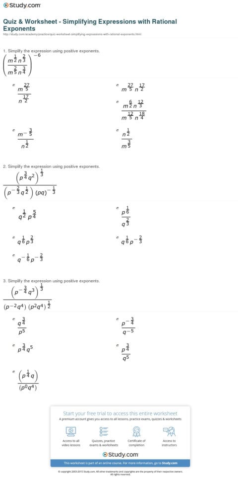 Quiz  Worksheet  Simplifying Expressions With Rational