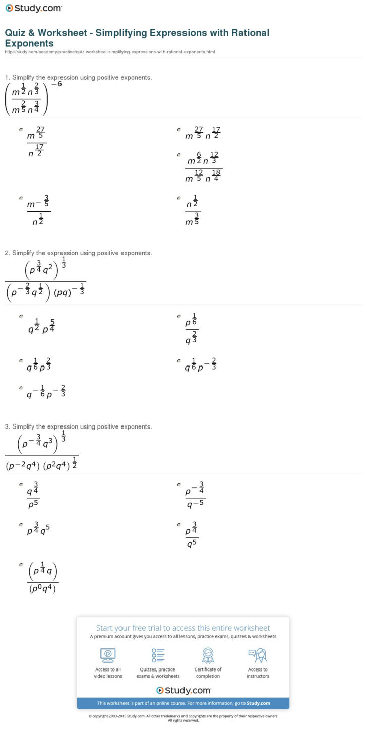 Quiz Worksheet Simplifying Expressions With Rational Exponents — db ...