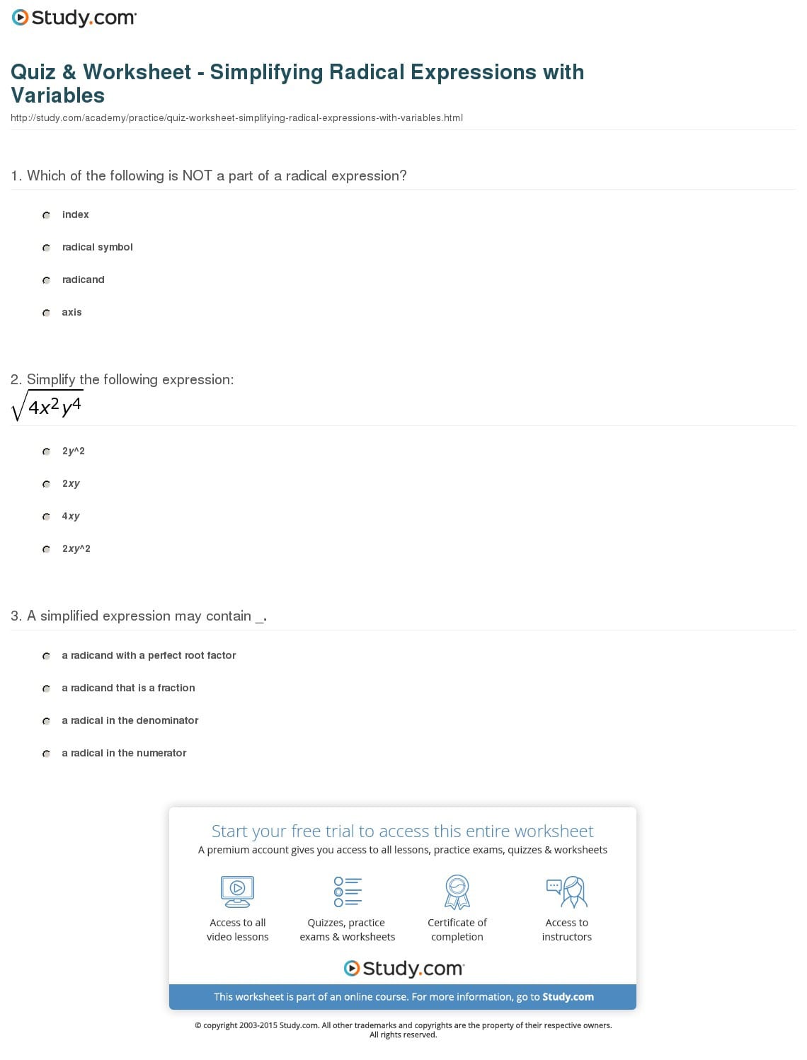 Quiz  Worksheet  Simplifying Radical Expressions With