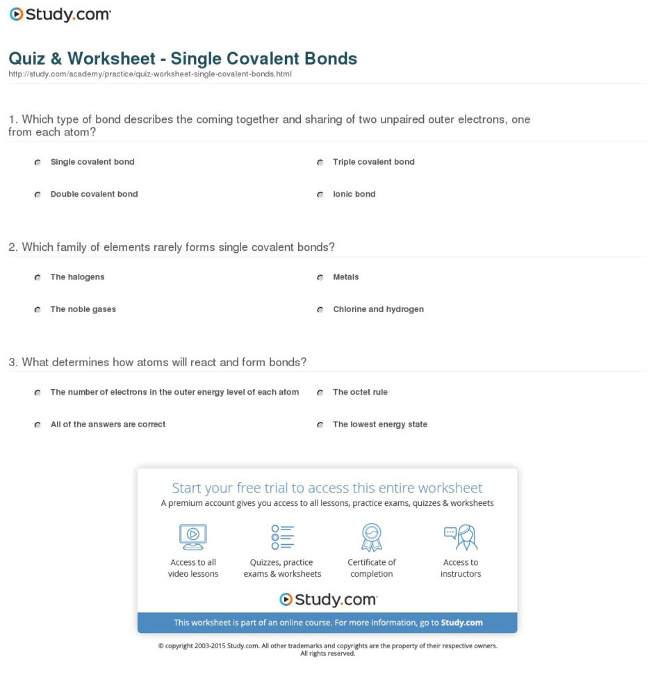 Quiz  Worksheet  Single Covalent Bonds  Study