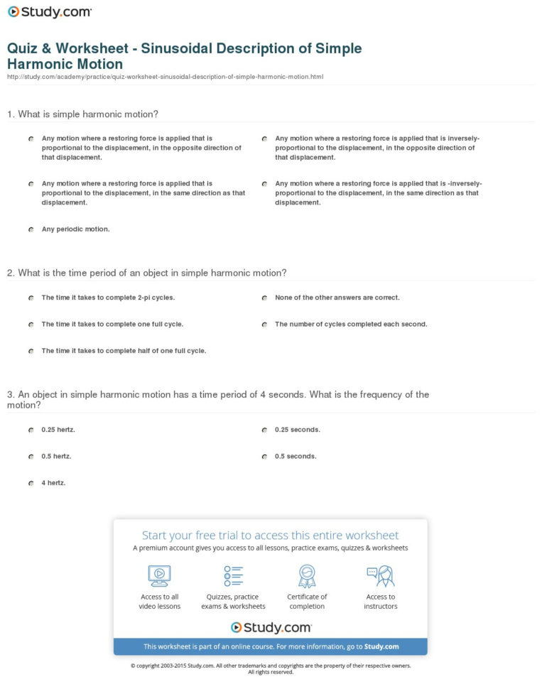 Quiz  Worksheet  Sinusoidal Description Of Simple Harmonic