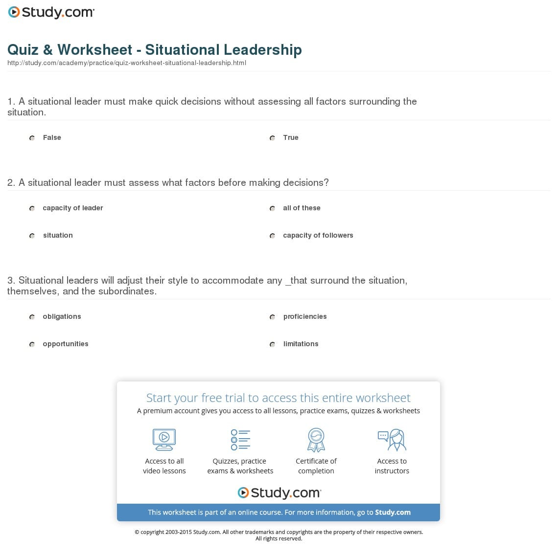 Quiz  Worksheet  Situational Leadership  Study