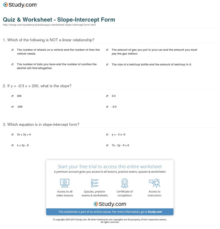 Quiz  Worksheet  Slopeintercept Form  Study