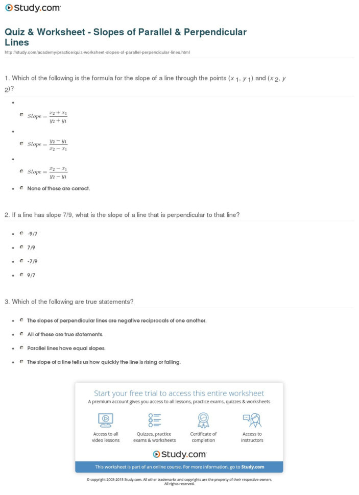 Quiz  Worksheet  Slopes Of Parallel  Perpendicular Lines