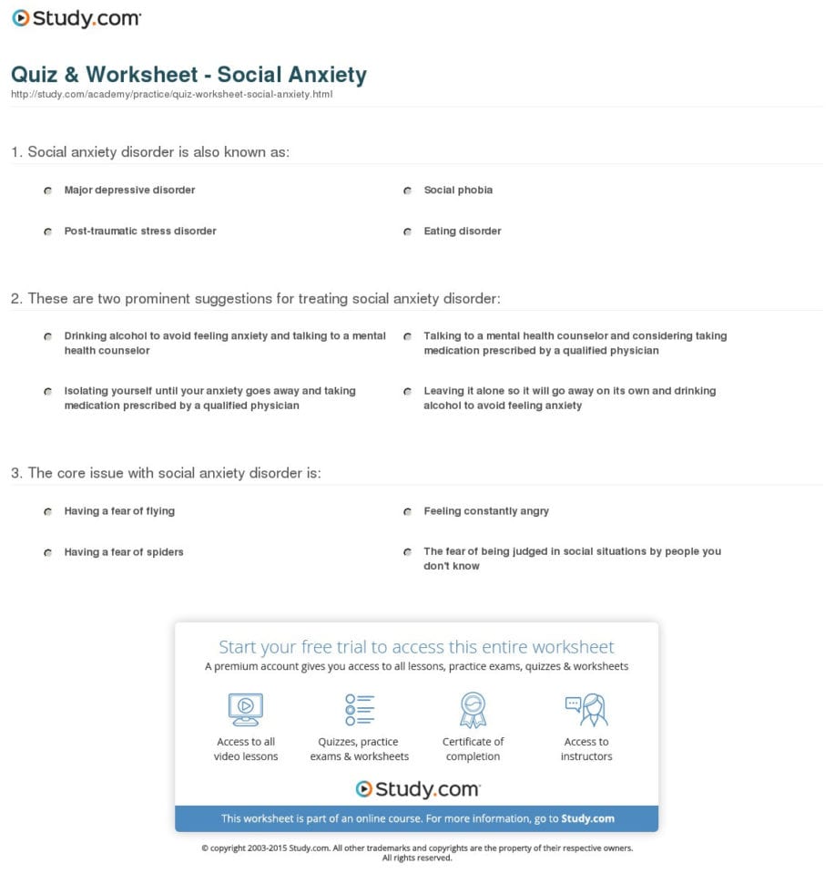 Quiz  Worksheet  Social Anxiety  Study