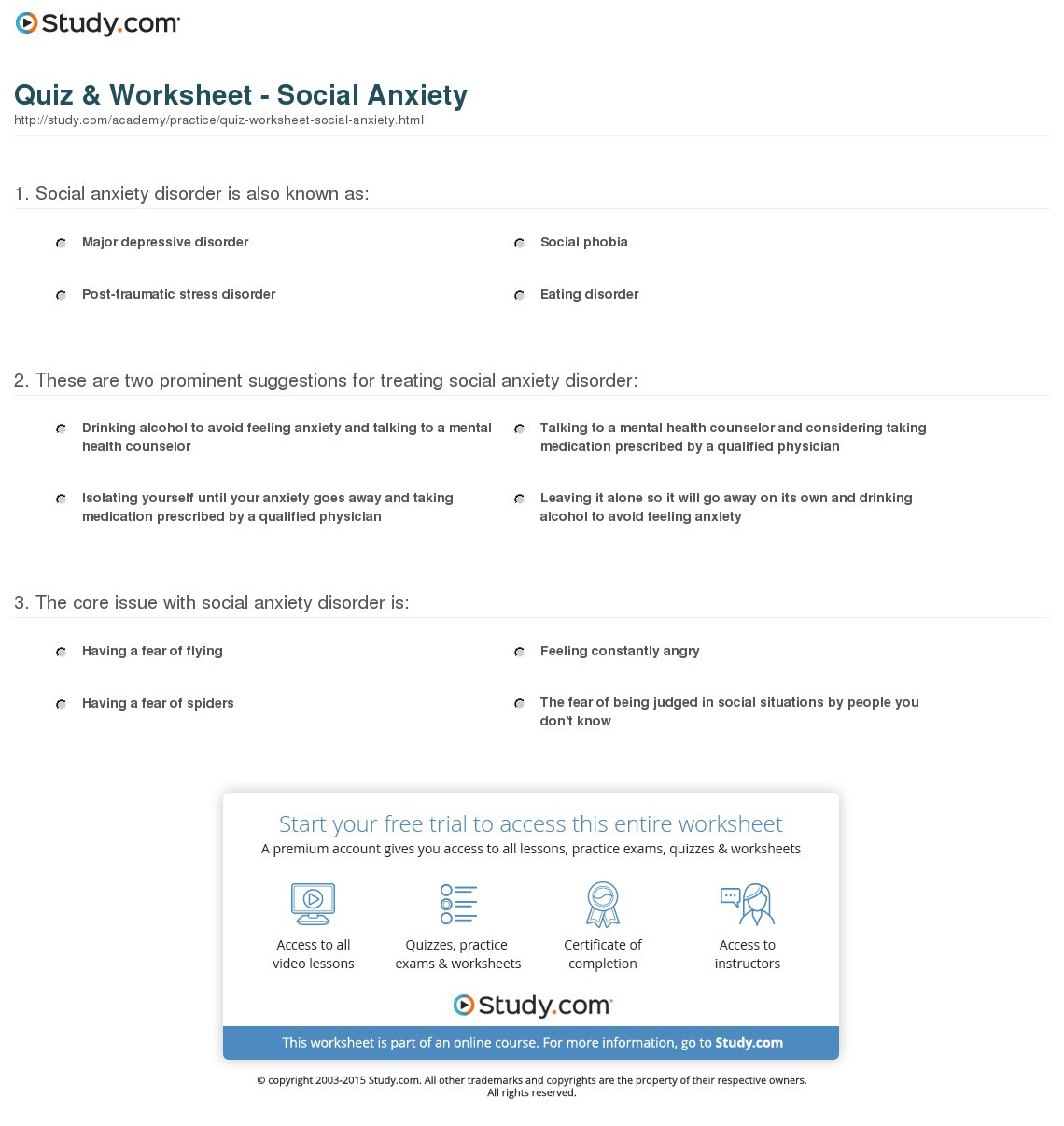 Quiz  Worksheet  Social Anxiety  Study