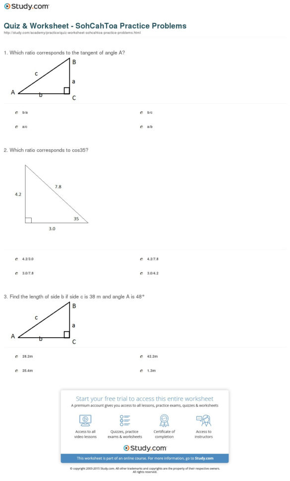 Quiz  Worksheet  Sohcahtoa Practice Problems  Study