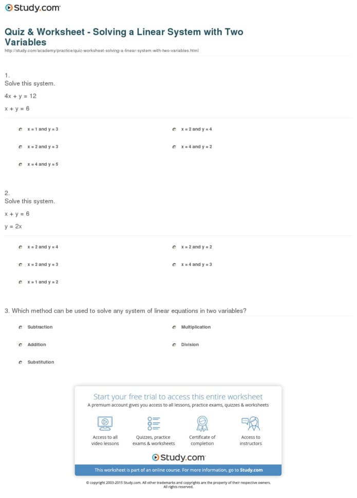 Quiz  Worksheet  Solving A Linear System With Two