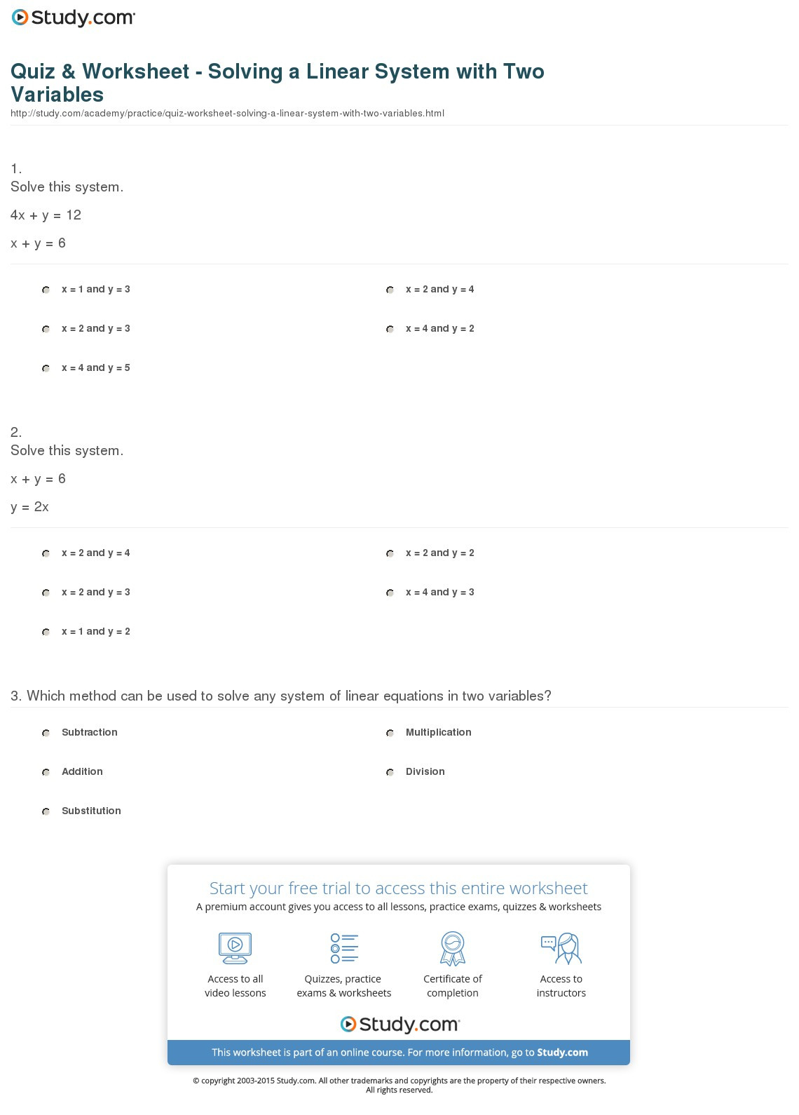 Quiz  Worksheet  Solving A Linear System With Two