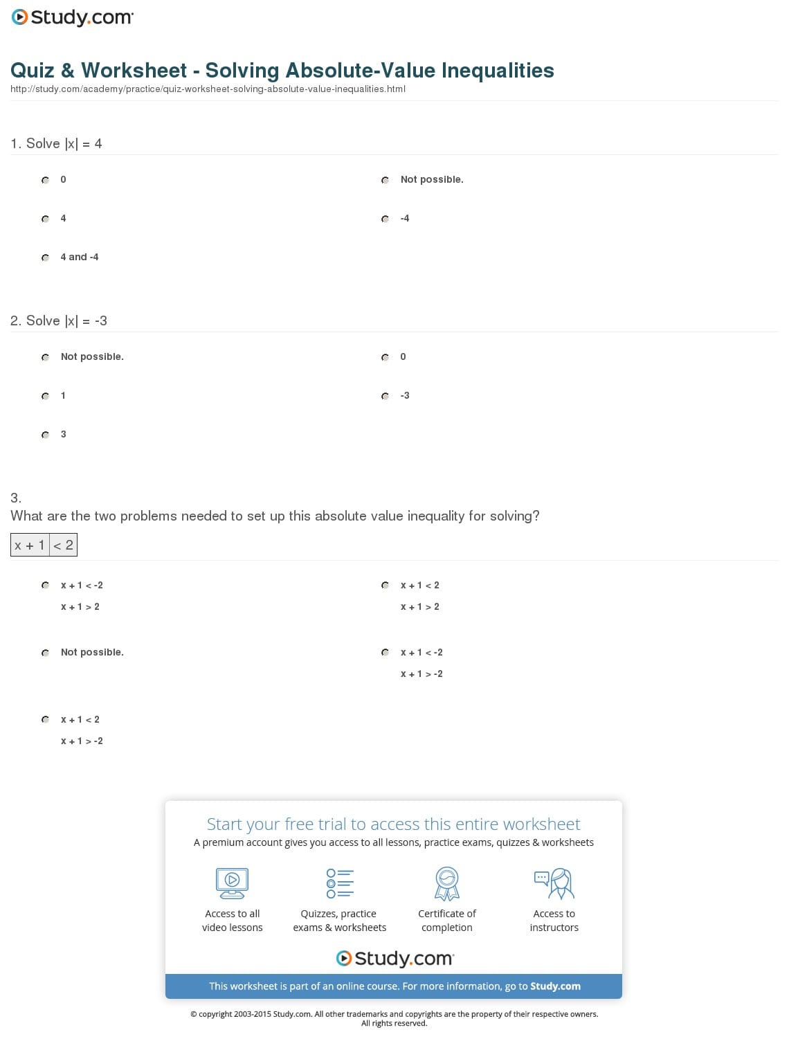 Quiz  Worksheet  Solving Absolutevalue Inequalities